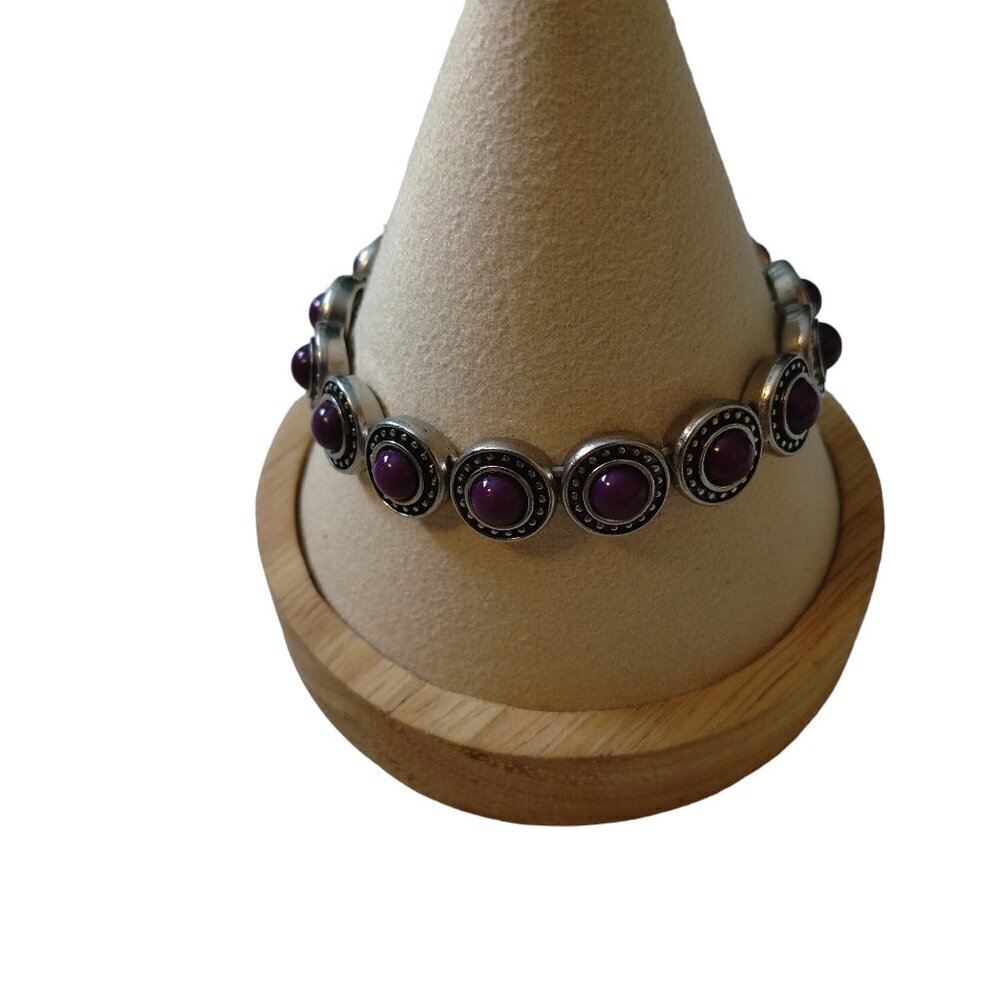 Purple And Silver Tone Beaded Stone Stretch Bracelet J28 - Picture 5 of 5